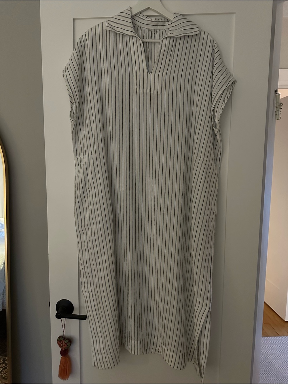 MUJI Linen Striped White and Black Casual Midi Dress